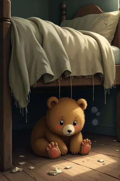 Little brown bear hiding under a scared bed.