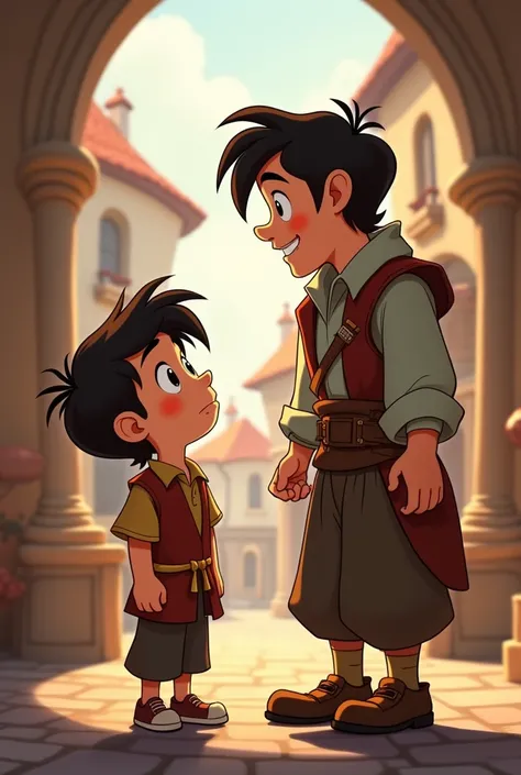 A heartwarming cartoon illustration of [A young, eager apprentice (Rami) watching Luca intently, with curiosity in his eyes.], in the style of classic Disney animation.