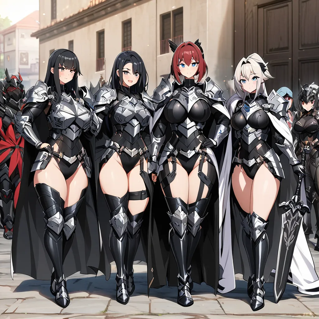 anime, black paladins, girls paladins, black paladins cloths, paladin's armor, cape, multiple girls, girls surrounding, curvy bo...