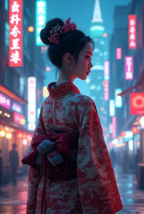 Japanese traditional dress, Katsushika Hokusai Style, (cyberpunk) (neon)