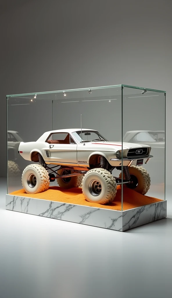 A meticulously crafted rendering of a 1967 Ford Mustang in striking white, captured in a unique blend of classic elegance and rugged power. The car is suspended within a minimalist, ultra-clear glass case that gives the illusion of floating, as if the vehi...