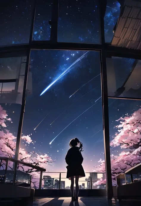  Many stars twinkle in the winter sky at night ,  I took a long exposure  ,Beautiful falling meteors and shooting stars, Rooftop with a night view of Tokyo , Cherry blossoms, Silhouette of a young woman , Long hair with a ponytail  、  He puts his hands in ...