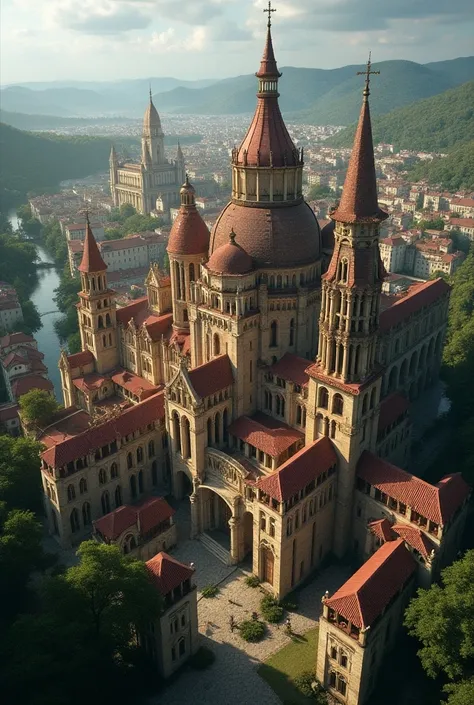 An aerial view of the medieval city of Whocuun ,  where medieval architecture is uniquely blended with Sumerian and Brazilian influences.