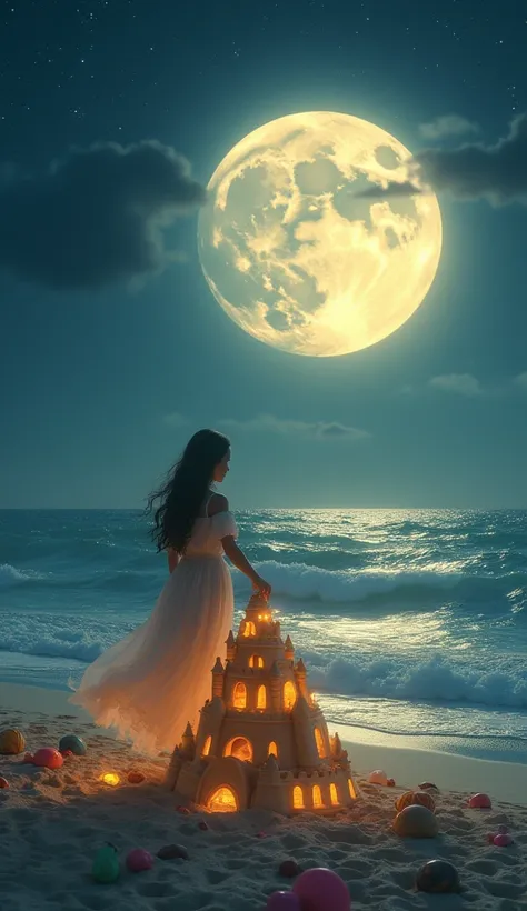 A magical night beach scene with a large, glowing full moon in the sky, illuminating the ocean waves. A young  in a dress stands near an intricate sandcastle lit with small, warm lights, creating a cozy and enchanting atmosphere. The  reaches out to touch ...