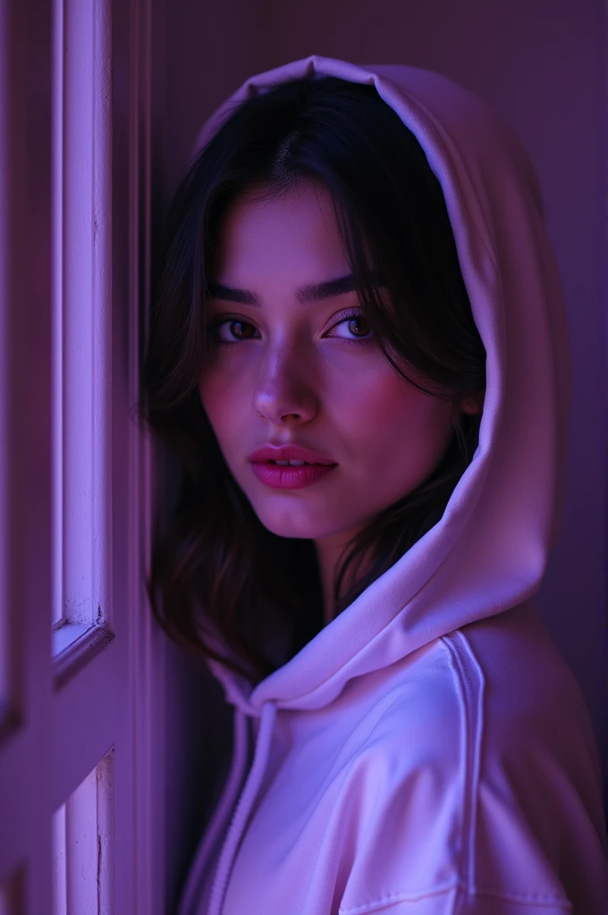 20-something girl smiling in the corner of her mouth, wearing a white hood, brown eyes, high definition photo in a purple room