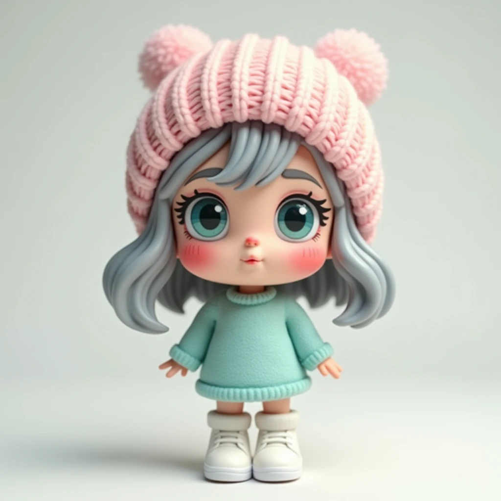 "Create a 3D art toy of a  girl with ashen-gray hair, wearing a pastel pink knitted hat. She has large turquoise eyes, is blushing with a shy expression, and her cheeks are red. She is dressed in a pastel blue knitted sweater, white sneakers, and white kne...