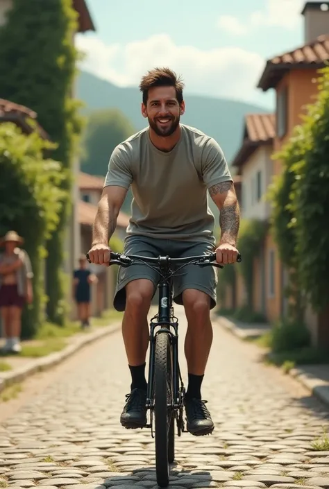 realistic image of Leonal Messi smiling and riding a bike in a village road