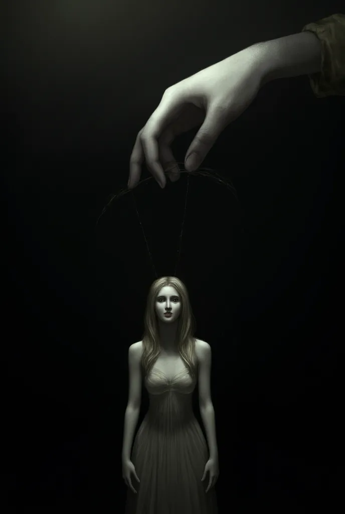 in a dark background ,  the thin wire connected to the puppet woman &#39;body,  its eyes shed joy .  a huge hand ,  shrouded in ...