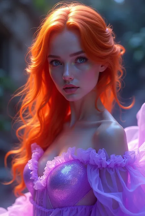 Orange hair young woman wears a purple glowing dress.  Ultra-detailed, realistic, photorealistic Cinematic, photorealistic, realism, By Sasan