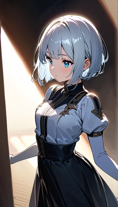 ( Extremely Detailed CG Unity 8K Wallpaper , masterpiece, Best Quality, Super detailed), (Best lighting,  best shadow ,  very delicate and beautiful), Cool, dynamic, And an original young girl character (dynamic pose) silver ( Pixie Cut Hair : 1.3) Reflect...