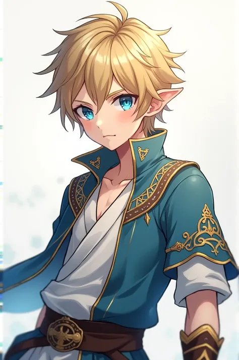 A male elf with short blonde hair and blue eyes,Blue, white and brown outfit
 a 2D anime figure.