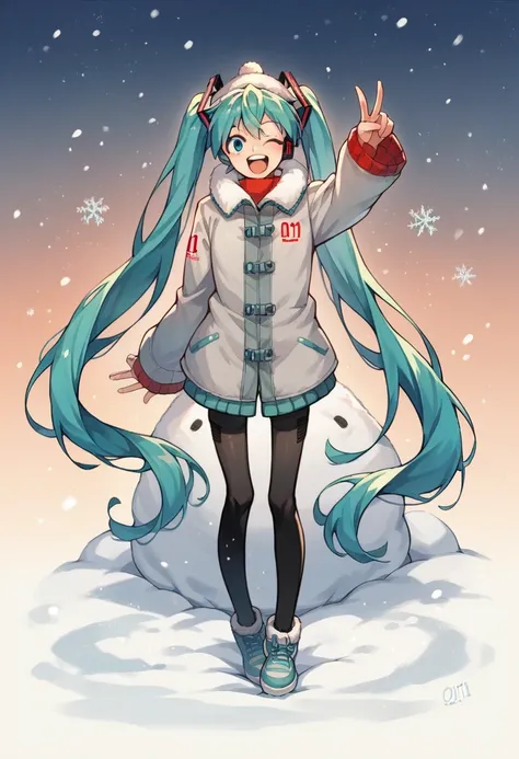 score_9, score_8_up, score_7_up, score_6_up, score_5_up, score_4_up, BREAK source_anime,1girl, clothed, hatsune miku, v, wink, detailed background, looking at viewer, jump, happy, full body, winter, snow