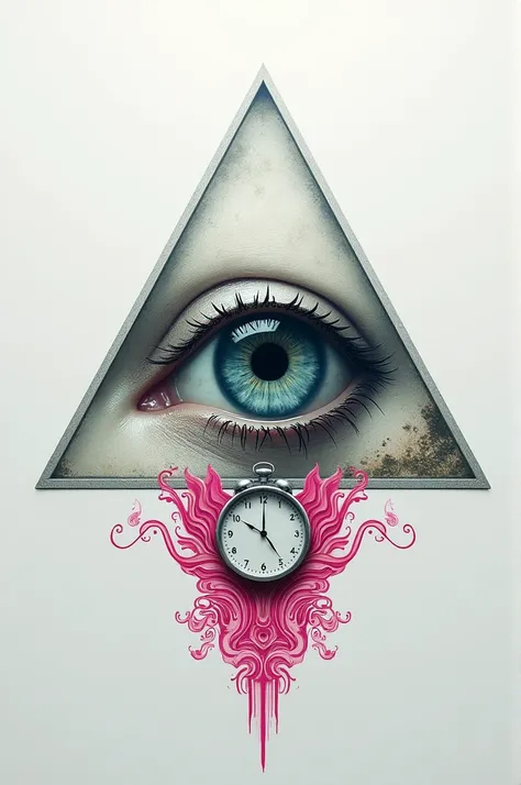 Generated eye in a triangle with under it clock and pink tattoo design 