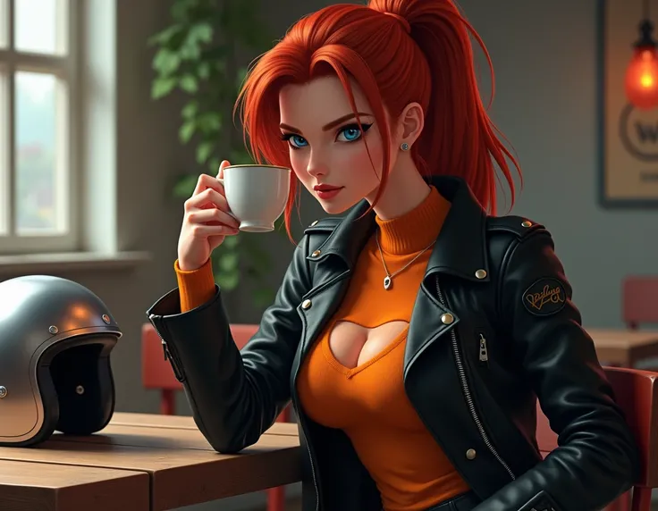  Generate an image of an attractive , decided,  young red-haired girl with her hair tied in a ponytail , blue eyes and seductive smile ,  dressed in an orange sleeveless sweater ,  a black leather jacket and tight dark leather pants .  The woman is sitting...