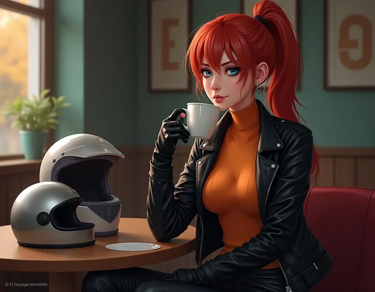  Generate an image of an attractive , decided,  young red-haired girl with her hair tied in a ponytail , blue eyes and seductive smile ,  dressed in an orange sleeveless sweater ,  a black leather jacket and tight dark leather pants .  The woman is sitting...