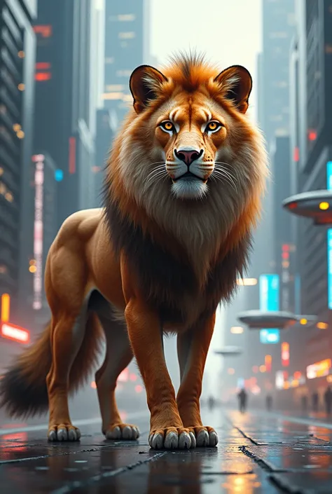 Lion fox hybrid
 against the backdrop of a futuristic metropolis