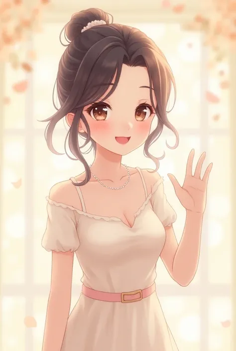 A beautiful and sexy anime girl friendly greeting and waving