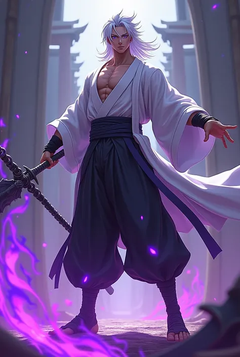  I want to realistically make a cool image of Tengen in Demon Slayer。Hair is white、Purple eyes、 with both arms out 、 Japanese-style white clothes with a chain scythe 、 black pants、Im wearing a pair of socks 。 the pose stands cool 、鎖鎌を持つ。 purple flame from ...