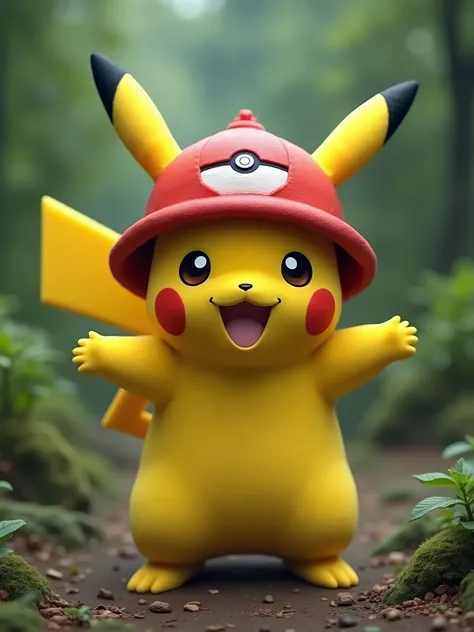 Pikachu in Pokémon stands up and takes a full-body photo, with its limbs spread out, wearing a red hat with a power ball pattern on its head, details, hair, realism style, real photography, realistic, background forest-process