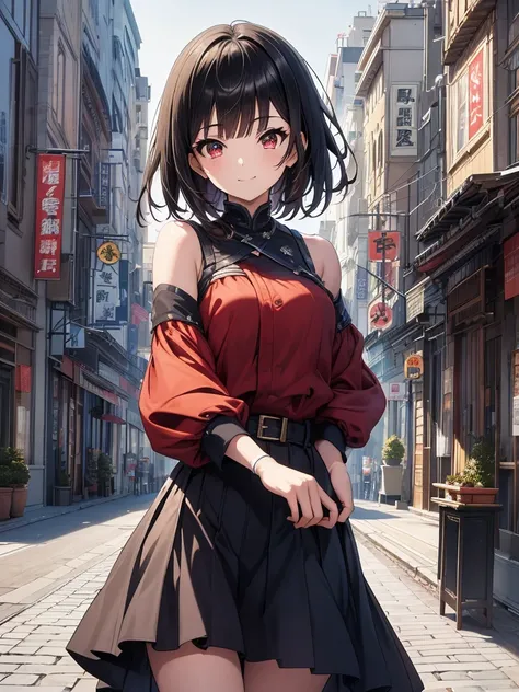 masterpiece, highest quality, highest quality, (no text), Beautiful and aesthetic:1.2),no text,anime、break,anime、break、 one girl、 Dark Haired Girl Short Hair 　 Slit Eyes Boyish 　adult　 beautiful eyes　red eyes, cool smile　Shoulder　skirt　 Black jacket, whole...