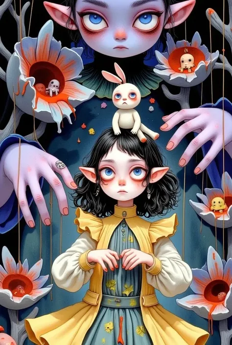  An elf girl with big eyes is wearing the costume of a curly princess,Playing puppets .  There are lots of dark purple blood bason-like man-eating flowers in the background ,  It creates a circus atmosphere .Watercolor illustration,  with dark hair and blu...