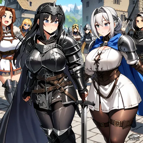 anime, black paladins, girls paladins, paladin's black armor (((medieval))), cape, multiple girls, girls surrounding, curvy body...