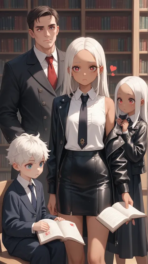 young woman, god,  inflated body ,  tanned skin ,  deep leather,  white hair, gathered hair, open forehead ,  Red eyes, black skirt, black jacket,  a white shirt , tie,  lets a guy touch his tit, reddening , a man in love ,  hearts in his pupils , library