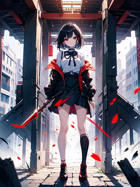 masterpiece, highest quality, highest quality, (no text), Beautiful and aesthetic:1.2),no text,anime、break,anime、break、 one girl、 Dark Haired Girl Short Hair 　 Slit Eyes Boyish 　adult　 beautiful eyes　red eyes, cool smile　Shoulder　skirt　 Black jacket, whole...