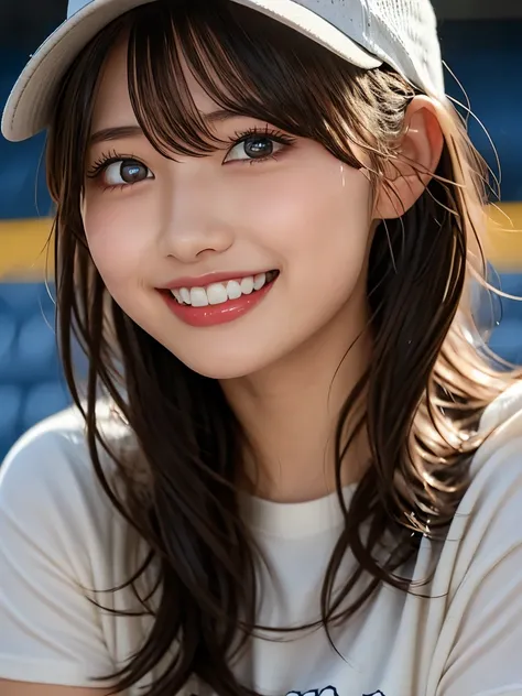 【A bright woman who is crazy about watching sports 】（ prompt ： A woman wearing a casual t-shirt and cap at the stadium、Looking at me with a happy expression。 with dynamic poses 、 has tanned, healthy skin that looks attractive 。）