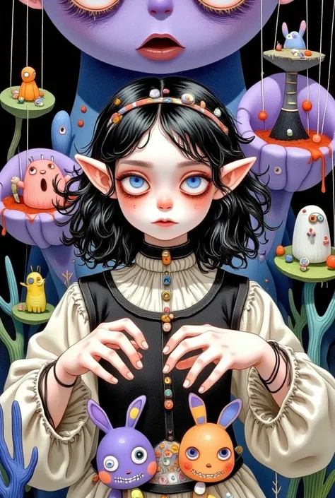  An elf girl with big eyes is wearing the costume of a curly princess,Playing puppets .  There are lots of dark purple blood bason-like man-eating flowers in the background ,  It creates a circus atmosphere .Watercolor illustration,  with dark hair and blu...