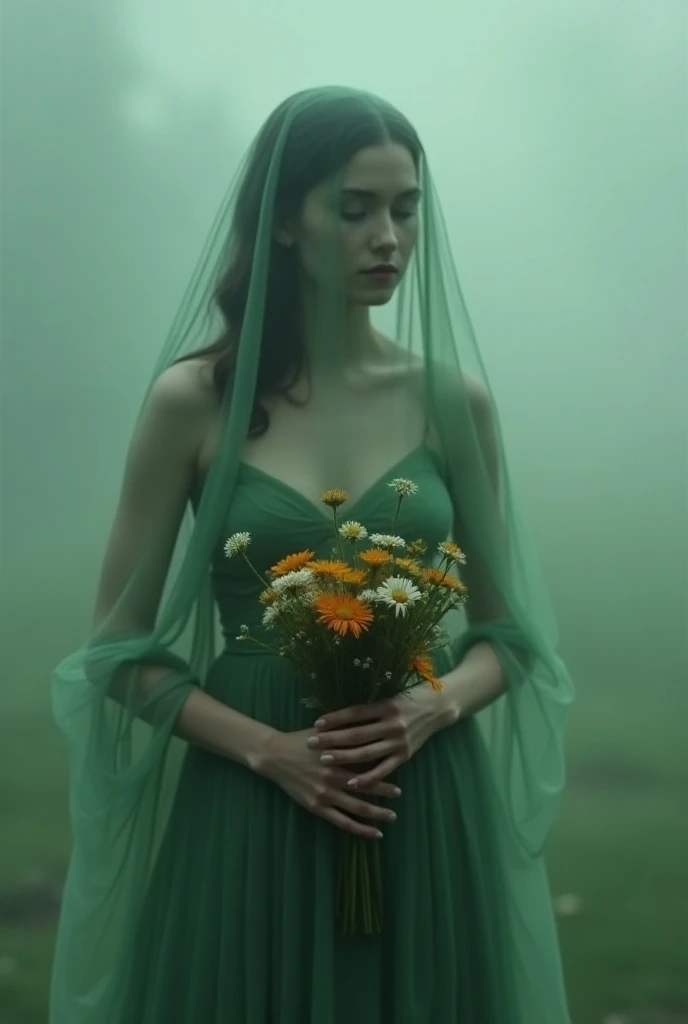 A woman wearing green dress and hold flowers and hide her face 