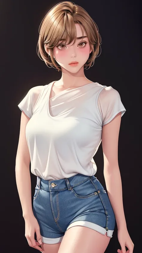 (（（figure，御姐figure,White and tender skin,（（（Yellow short sleeved, blue denim triangle shorts）））,(（（Soridef，brown eyes，brown hair，short hair,））),，((masterpiece)), highres icon,((Best quality at best)),masterpiece,quality,Best quality,(（（  to the audience,Li...