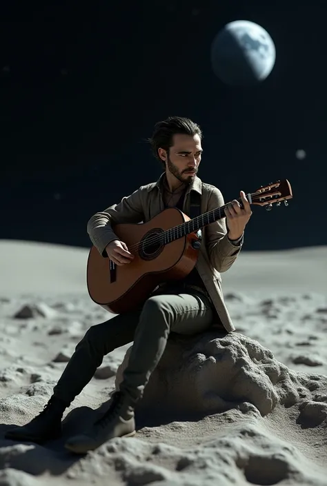 an 8K photo of a hyper-realistic gypsy man, full figure, slim , playing guitar, and  on the surface of the moon fantasy, elaborate cinematic lighting, popular on ArtStation, 4K resolution, hyperrealism, emphasis on details, Unreal Engine 5, cinematic aesth...