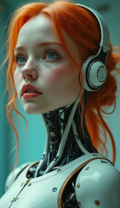 (Fine details:1.3), Limited color palette, (move:1.4), 1 girl, aldult (A river:0.7) Miss, freckle, Pink Eyes, Ginger Rob Hair, Solitary, Half Shot, look up, Detailed background, Delicate face, (vintagefuturism AI, vintagefuturism Themes:1.1), android, , Bi...