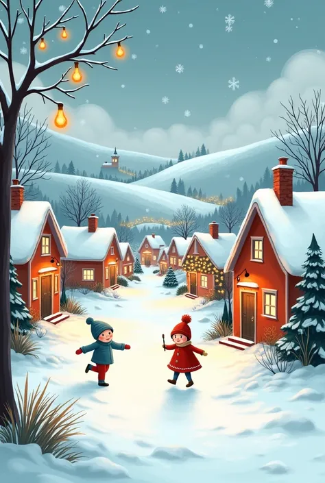 Create an easy drawing of a snowy town , houses decorated with Christmas lights with twinkling lights and ren playing in the snow 