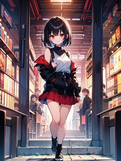 masterpiece, highest quality, highest quality, (no text), Beautiful and aesthetic:1.2),no text,anime、break,anime、break、 one girl、 Dark Haired Girl Short Hair 　 Slit Eyes Boyish 　adult　 beautiful eyes　red eyes, cool smile　Shoulder　skirt　 Black jacket, whole...