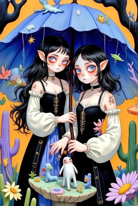 1boy,1girl,bangs,black hair,blue eyes,blue umbrella,closed mouth,corset,earrings,elf,eyelashes,fingernails,hands,holding,holding umbrella,jewelry,lips,long fingernails,long sleeves,looking at viewer,outstretched hand,parasol,parted lips,pointy ears,short h...