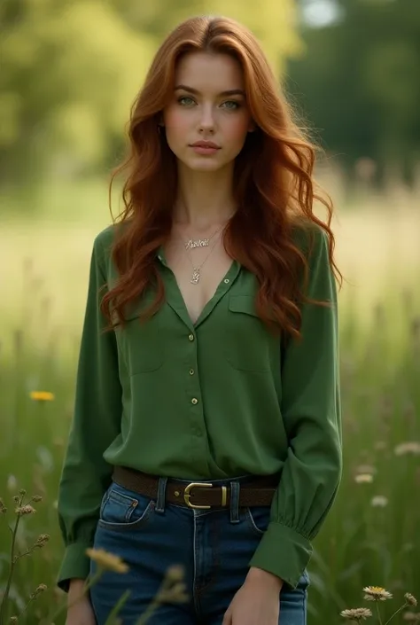 A beautiful woman wearing green long sleeve t-shirt and jean and wearing necklace with asterin name