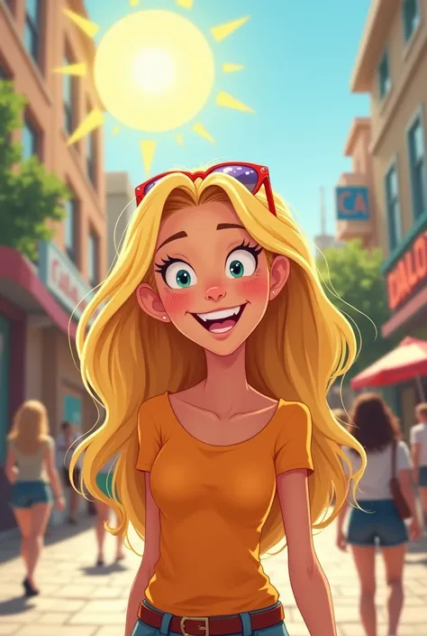 Blonde woman is happy about sunshine standing on the street you can see her face 2D cartoon 