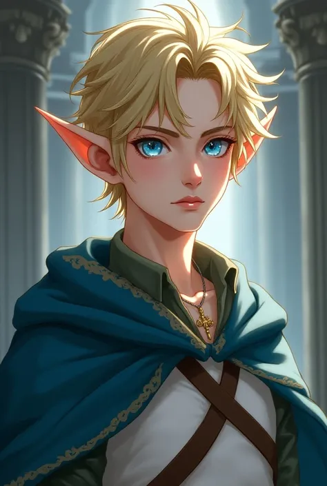  A male elf with short blonde hair and blue eyes,Medieval clothing, blue, white, brown a 2D anime figure.