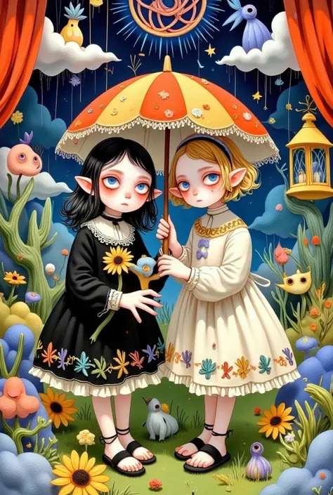 2girls,autumn,black hair,blonde hair,blue eyes,blush,closed eyes,closed mouth,curtains,dandelion,elf,fire,fireworks,flower,flower field,hat flower,holding,holding flower,holding umbrella,lalafell,lantern,leaf,long sleeves,minigirl,multiple boys,multiple gi...