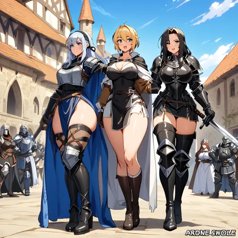 anime, black paladins, girls paladins, paladin's black armor (((medieval))), cape, multiple girls, girls surrounding, curvy body...