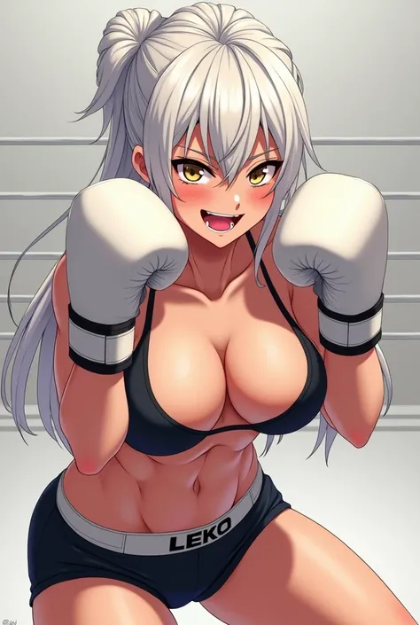 (Amazing. Super high quality. So beautiful. Super detailed. Perfect face. Perfect eyes. Perfect anatomy. Masterpiece. Incredible. Perfect lighting.) Dynamic angles. Japanese anime art. Full body. Half-naked from the waist up. A female boxer crouches, cover...