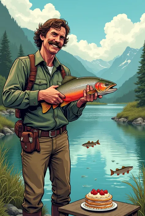 Create me a picture in comic art with a trout fisherman, Does fish on his three ponds ,  with Engelbert Straus pants ,  in his pocket Look out a pack of glacier pinch. The fisherman has shoulder-length ,  slightly curly brown hair ,  a subtle brown schnauz...