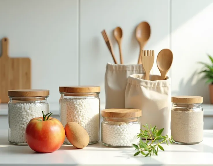 "Eco-Friendly Farm-to-Table Meal Prep Tools"
"Sustainable meal prep tools for farm-to-table lunches, including glass jars, reusable bags, and bamboo utensils set up on a kitchen counter."