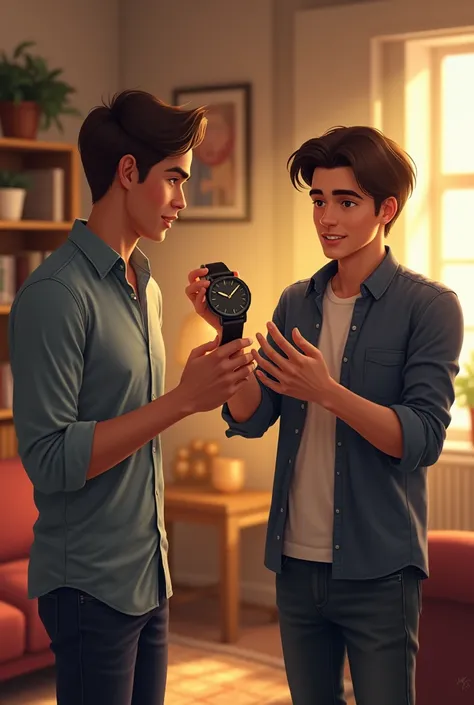 A young man showing a watch to his friend 