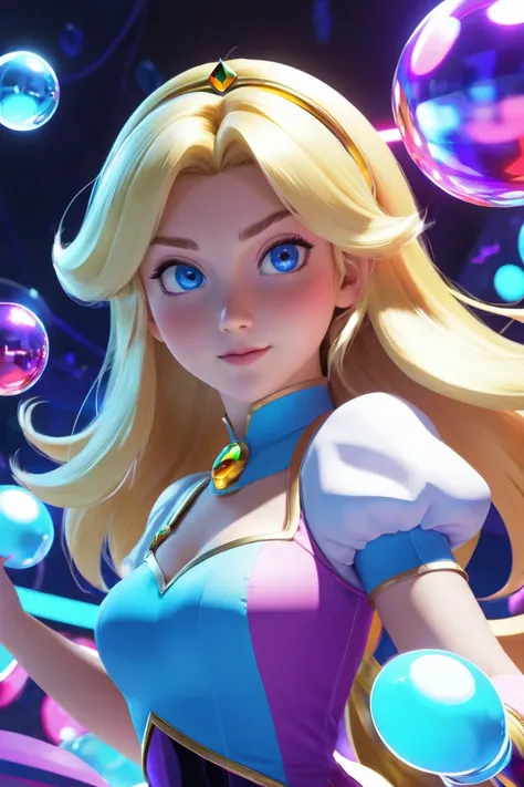 score_9, score_8_up, score_7_up, score_6_up, score_5_up, score_4_up, rosalina, mario_(series), 1girl, blonde_hair, blue_eyes, face focus, neon lighting, ray tracing, great use of color theory, red blue and purple colors, (masterpiece: 1.0), best quality, r...