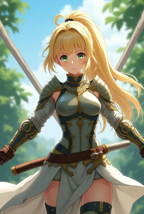 _Eli, blonde_hair,  ponytail, green_eye,  1 girl, Alone, 前hair, armor, breastplate,  dress, Gloves, Outdoor, Highest_quality,  high resolution on down, Very_  Details, anime perfect   Details style, 8k, masterpiece,  anime art style, Anime Color, Two_sword...