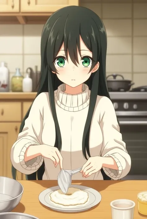  A capture of the anime Boku no Hero Academia,A woman,  long straight black hair, side bangs,  green eyes,  wearing a white sweater , Hes cooking cookies , kitchen background