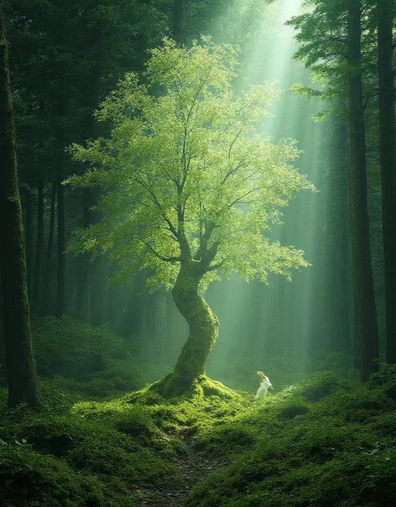 a breathtaking, hyper-realistic, ultra-high-definition scene of a serene forest during daylight, where a thin mist floats dreami...